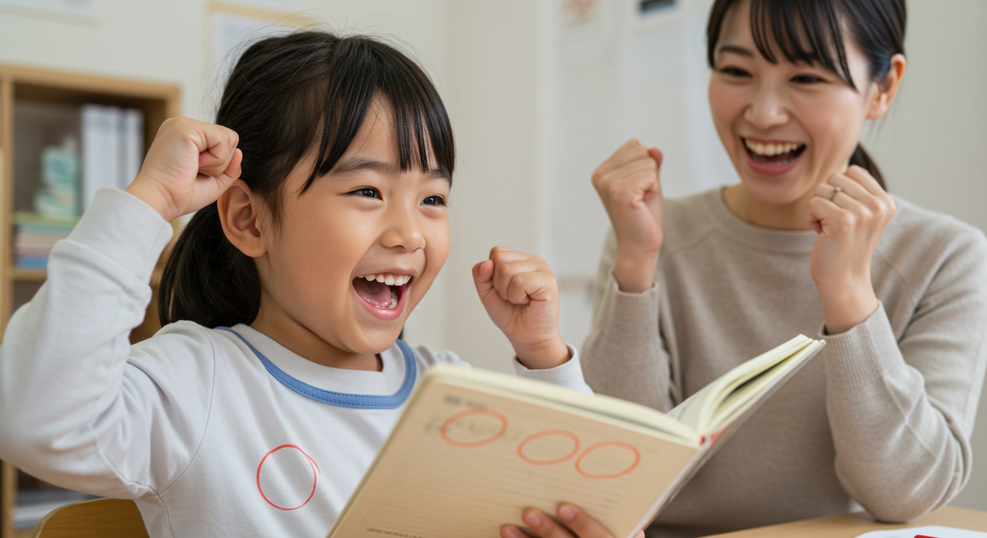 学習の成果を喜ぶ親子 - Soara Learningの指導効果